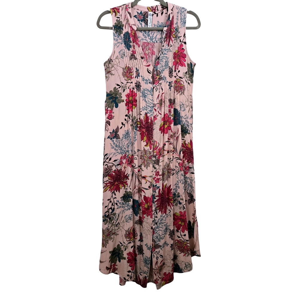 American Rag Womens S Boho Pink Floral Pintuck Button Front Sleeveless Dress